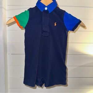 Ralph Lauren Colorblock Navy and Orange Polo Infant Romper Sz 18M